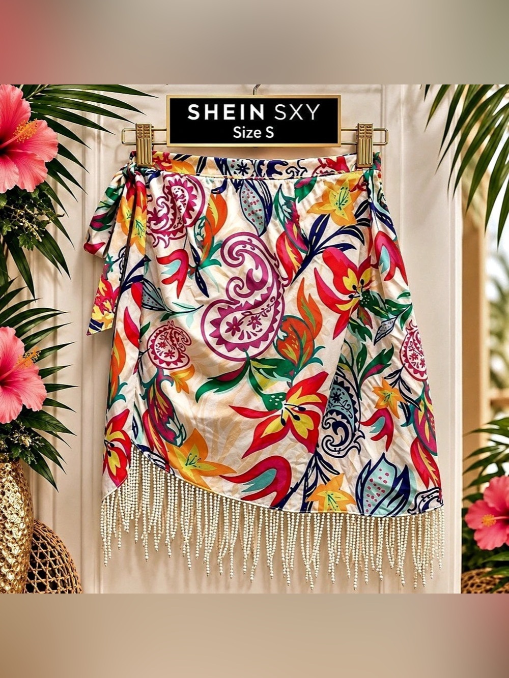 SHEIN SXY Tropical Floral Fringe Wrap Skirt – Size Small – NWT